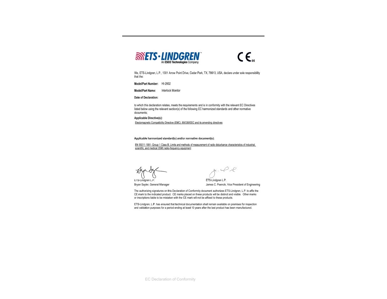 Appendix b: ec declaration of conformity | ETS-Lindgren HI-2602 Interlock Monitor User Manual | Page 21 / 22