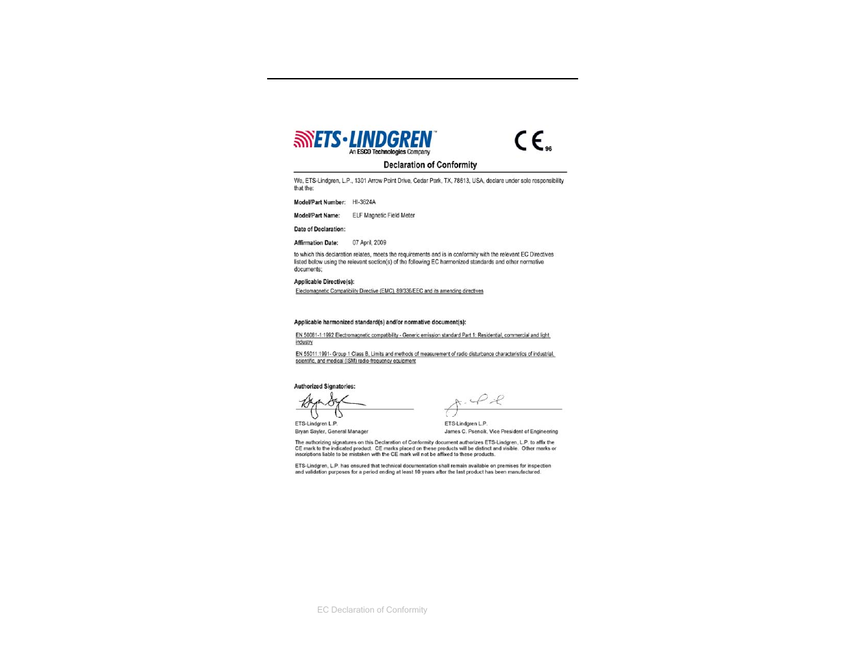 Appendix b: ec declaration of conformity | ETS-Lindgren HI-3624(A) Survey Meter User Manual | Page 21 / 22