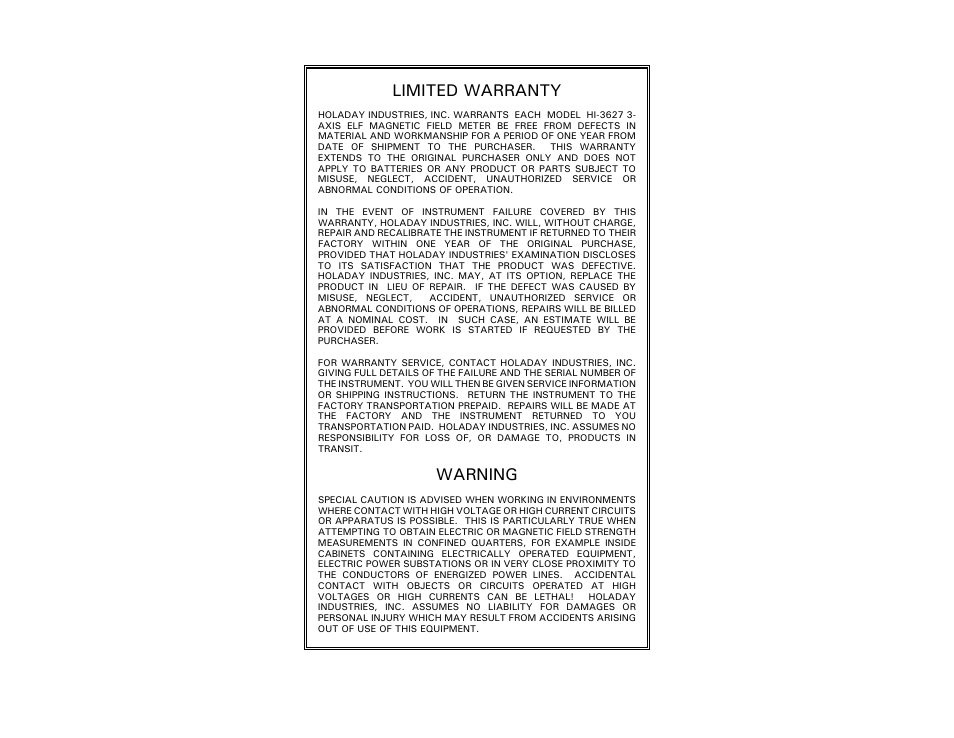 Limited warranty, Warning | ETS-Lindgren HI-3627 ELF Magnetic Field Meter User Manual | Page 7 / 36