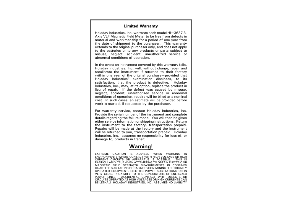 Warning | ETS-Lindgren HI-3637 VLF Magnetic Field Meter User Manual | Page 7 / 48