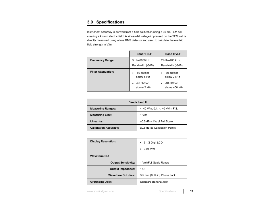 0 specifications | ETS-Lindgren HI-3638 ELV/VLF Electric Field Meter User Manual | Page 13 / 41