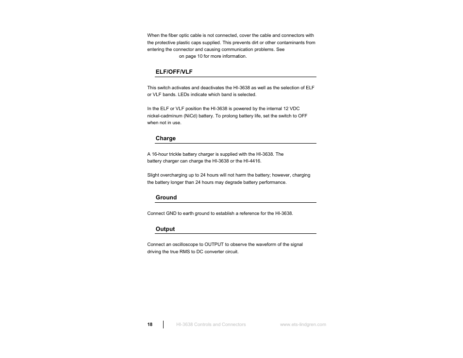 Elf/off/vlf, Charge, Ground | Output | ETS-Lindgren HI-3638 ELV/VLF Electric Field Meter User Manual | Page 18 / 41