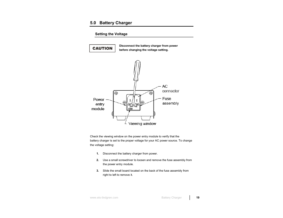 0 battery charger, Setting the voltage | ETS-Lindgren HI-3638 ELV/VLF Electric Field Meter User Manual | Page 19 / 41