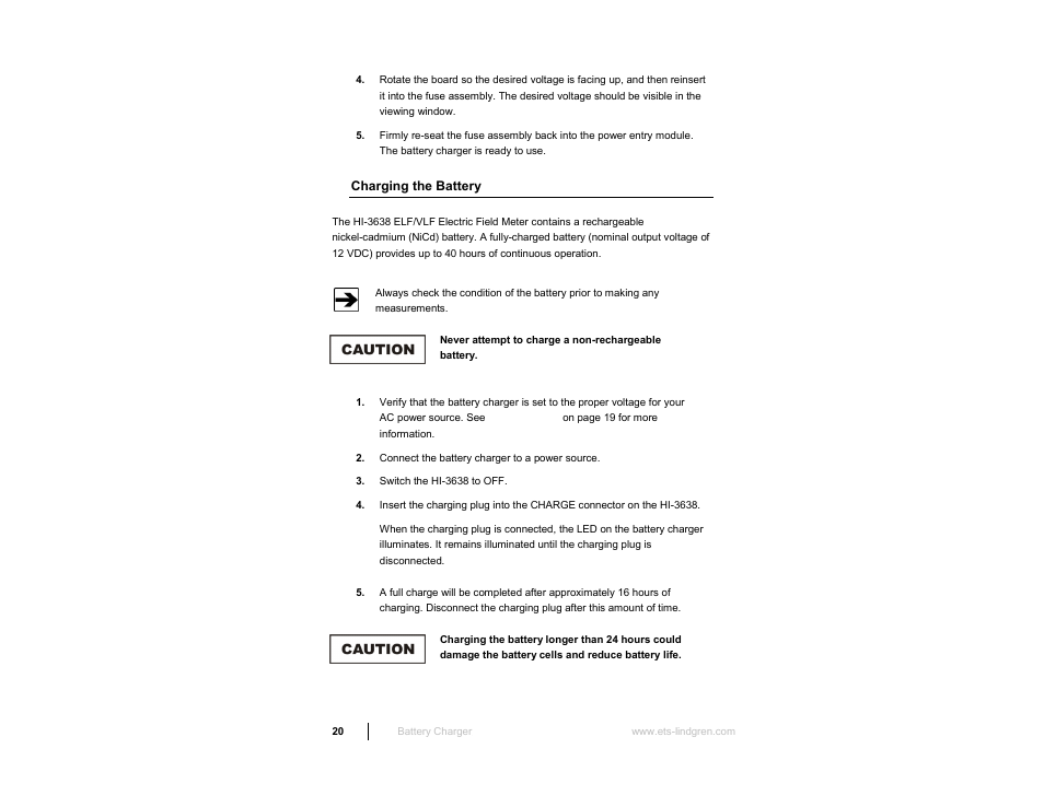 Charging the battery | ETS-Lindgren HI-3638 ELV/VLF Electric Field Meter User Manual | Page 20 / 41