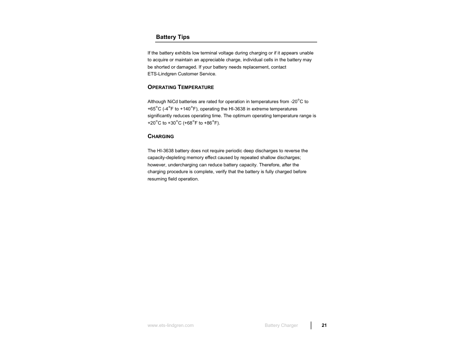 Battery tips, Operating temperature, Charging | ETS-Lindgren HI-3638 ELV/VLF Electric Field Meter User Manual | Page 21 / 41