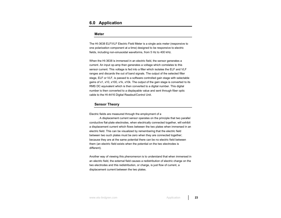 0 application, Meter, Sensor theory | ETS-Lindgren HI-3638 ELV/VLF Electric Field Meter User Manual | Page 23 / 41