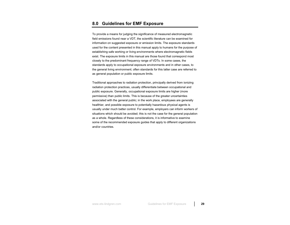 0 guidelines for emf exposure | ETS-Lindgren HI-3638 ELV/VLF Electric Field Meter User Manual | Page 29 / 41
