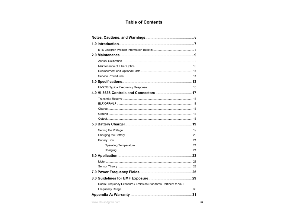 ETS-Lindgren HI-3638 ELV/VLF Electric Field Meter User Manual | Page 3 / 41