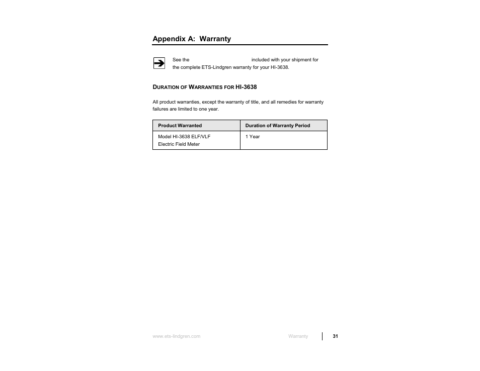 Appendix a: warranty | ETS-Lindgren HI-3638 ELV/VLF Electric Field Meter User Manual | Page 31 / 41
