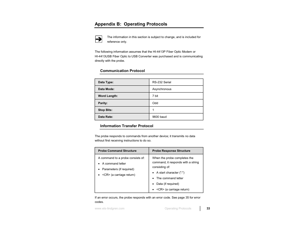 Appendix b: operating protocols, Communication protocol, Information transfer protocol | ETS-Lindgren HI-3638 ELV/VLF Electric Field Meter User Manual | Page 33 / 41