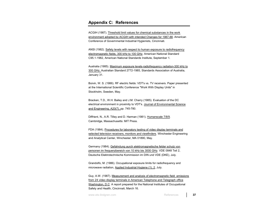 Appendix c: references | ETS-Lindgren HI-3638 ELV/VLF Electric Field Meter User Manual | Page 37 / 41