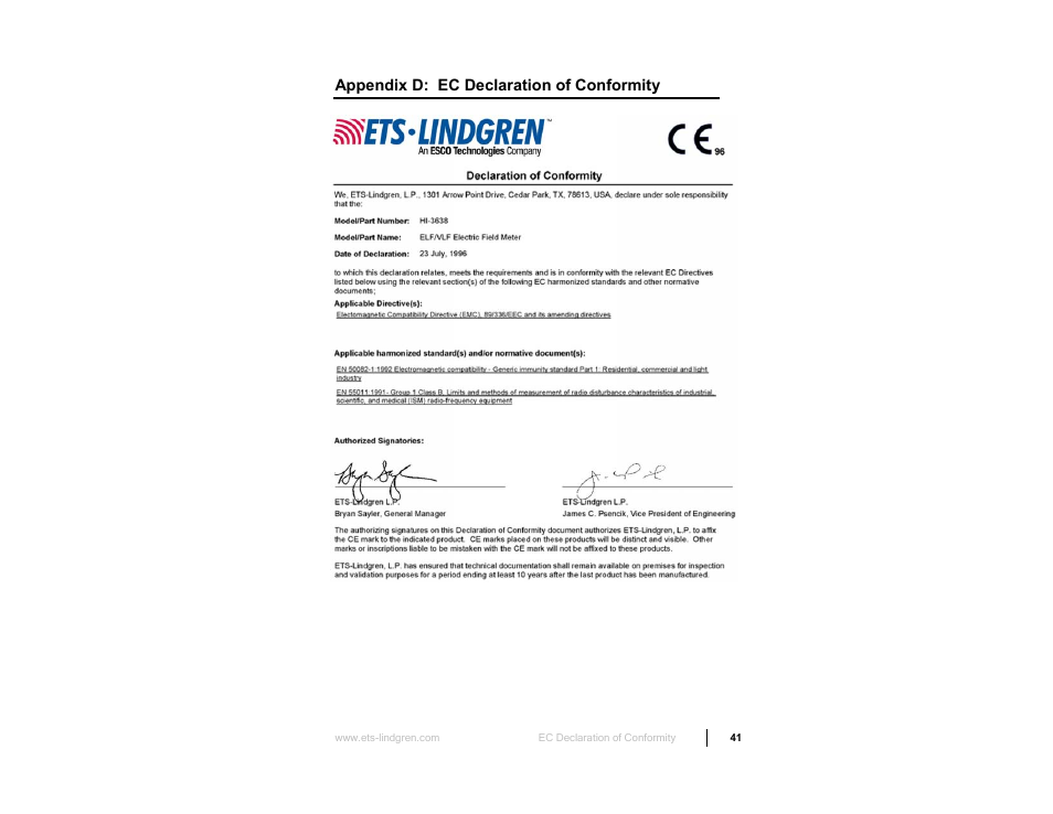 Appendix d: ec declaration of conformity | ETS-Lindgren HI-3638 ELV/VLF Electric Field Meter User Manual | Page 41 / 41