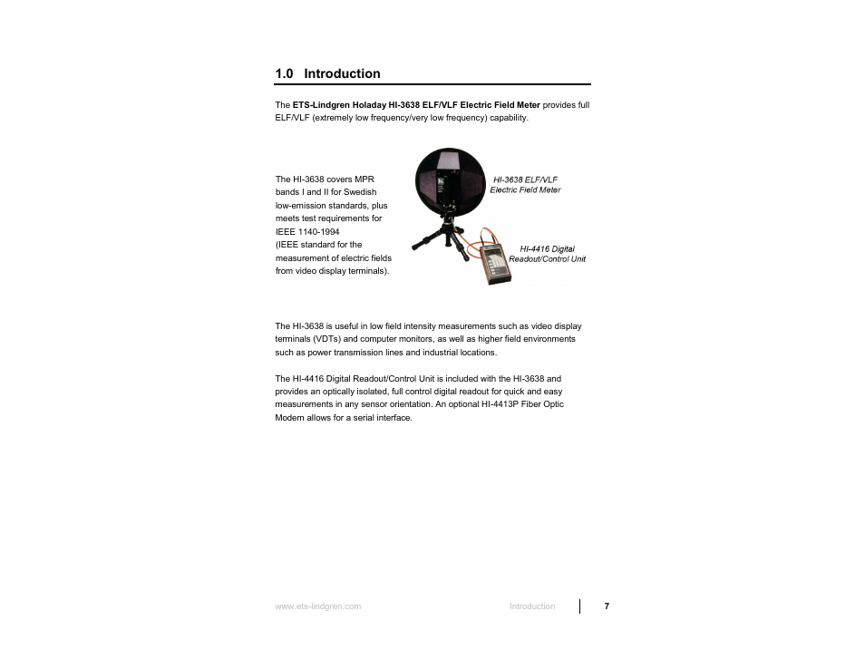 0 introduction | ETS-Lindgren HI-3638 ELV/VLF Electric Field Meter User Manual | Page 7 / 41