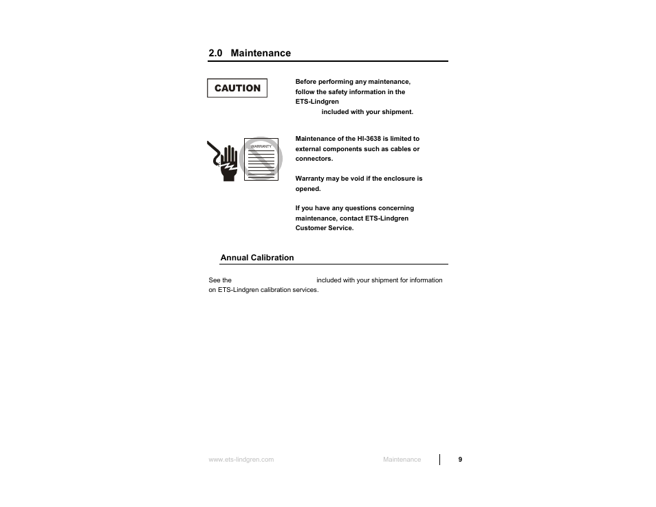 0 maintenance, Annual calibration | ETS-Lindgren HI-3638 ELV/VLF Electric Field Meter User Manual | Page 9 / 41