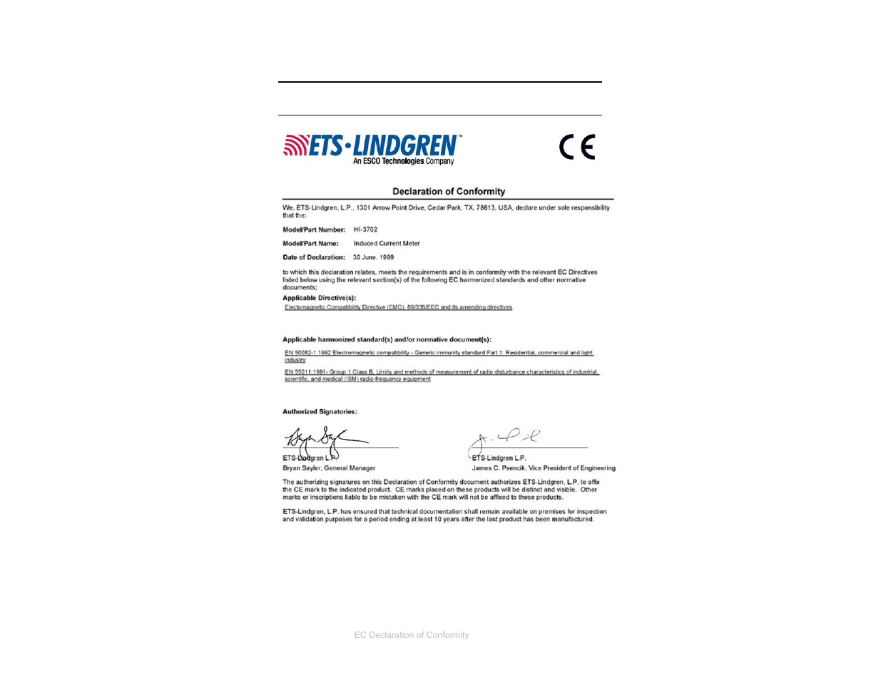 Appendix c: ec declaration of conformity | ETS-Lindgren HI-3702 Induced Current Meter User Manual | Page 33 / 34