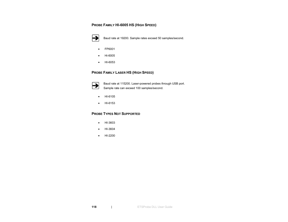 Probe family hi-6005 hs (high speed), Probe family laser hs (high speed), Probe types not supported | ETS-Lindgren HI-6153 Electric Field Probe User Manual | Page 118 / 152