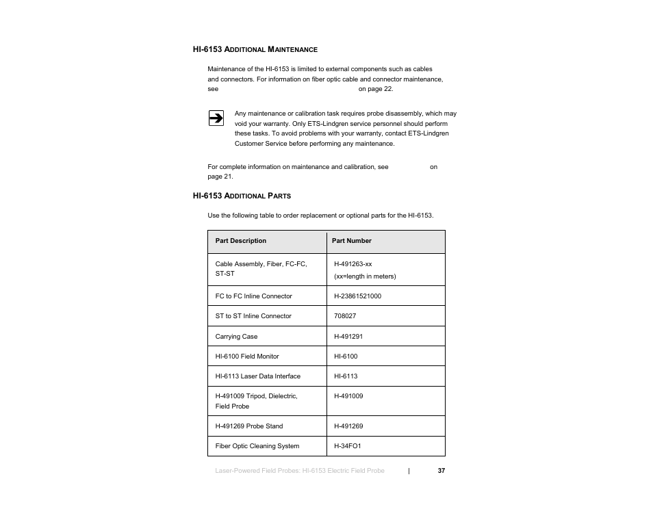 Hi-6153 additional maintenance, Hi-6153 additional parts | ETS-Lindgren HI-6153 Electric Field Probe User Manual | Page 37 / 152