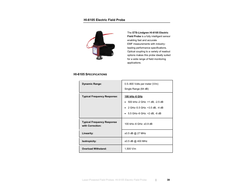 Hi-6105 electric field probe, Hi-6105 specifications | ETS-Lindgren HI-6153 Electric Field Probe User Manual | Page 39 / 152