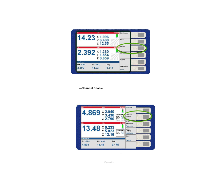 Display menu, Channel enable, Figure 15 | Figure 16, Display menu—channel enable | ETS-Lindgren HI-6100 Field Monitor User Manual | Page 33 / 71