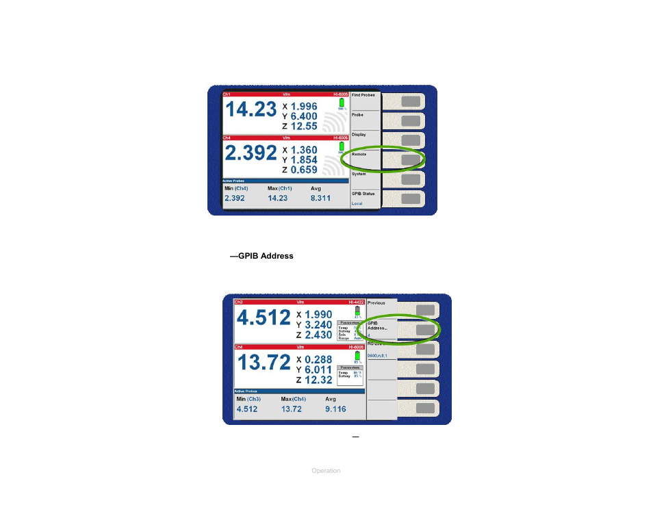 Remote menu, Gpib address, Figure 21 | Figure 22, Remote menu—gpib address | ETS-Lindgren HI-6100 Field Monitor User Manual | Page 38 / 71