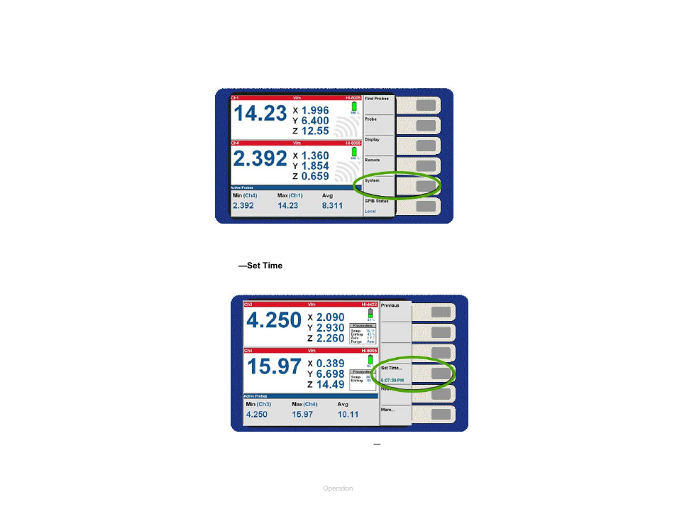 System menu, Set time, Figure 24 | Figure 25, System menu—set time | ETS-Lindgren HI-6100 Field Monitor User Manual | Page 40 / 71