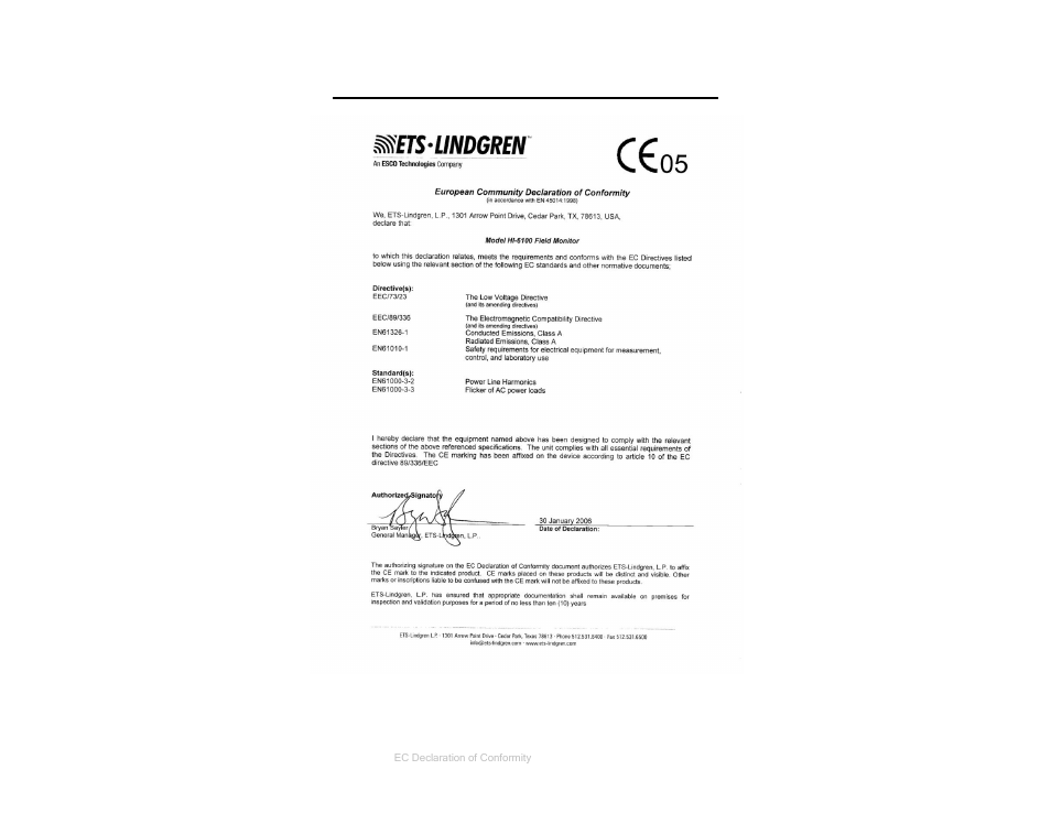 Appendix b: ec declaration of conformity | ETS-Lindgren HI-6100 Field Monitor User Manual | Page 61 / 71