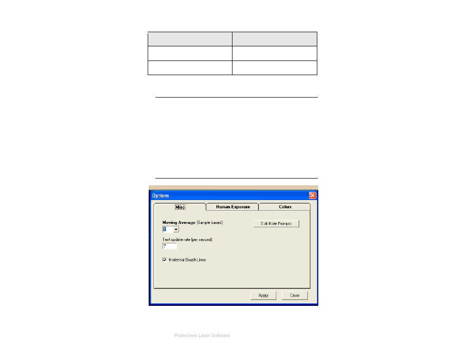 Using excel with probeview laser, Options window | ETS-Lindgren HI-6113 Laser Data Interface and Probe Measurement System User Manual | Page 35 / 49