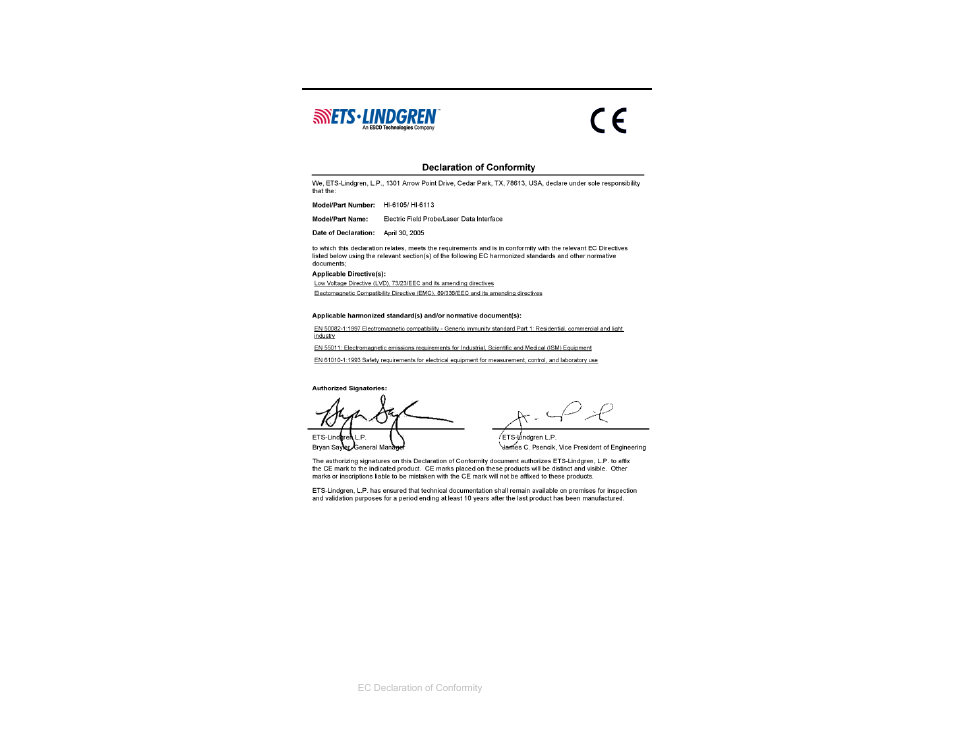 Appendix c: ec declaration of conformity | ETS-Lindgren HI-6113 Laser Data Interface and Probe Measurement System User Manual | Page 49 / 49