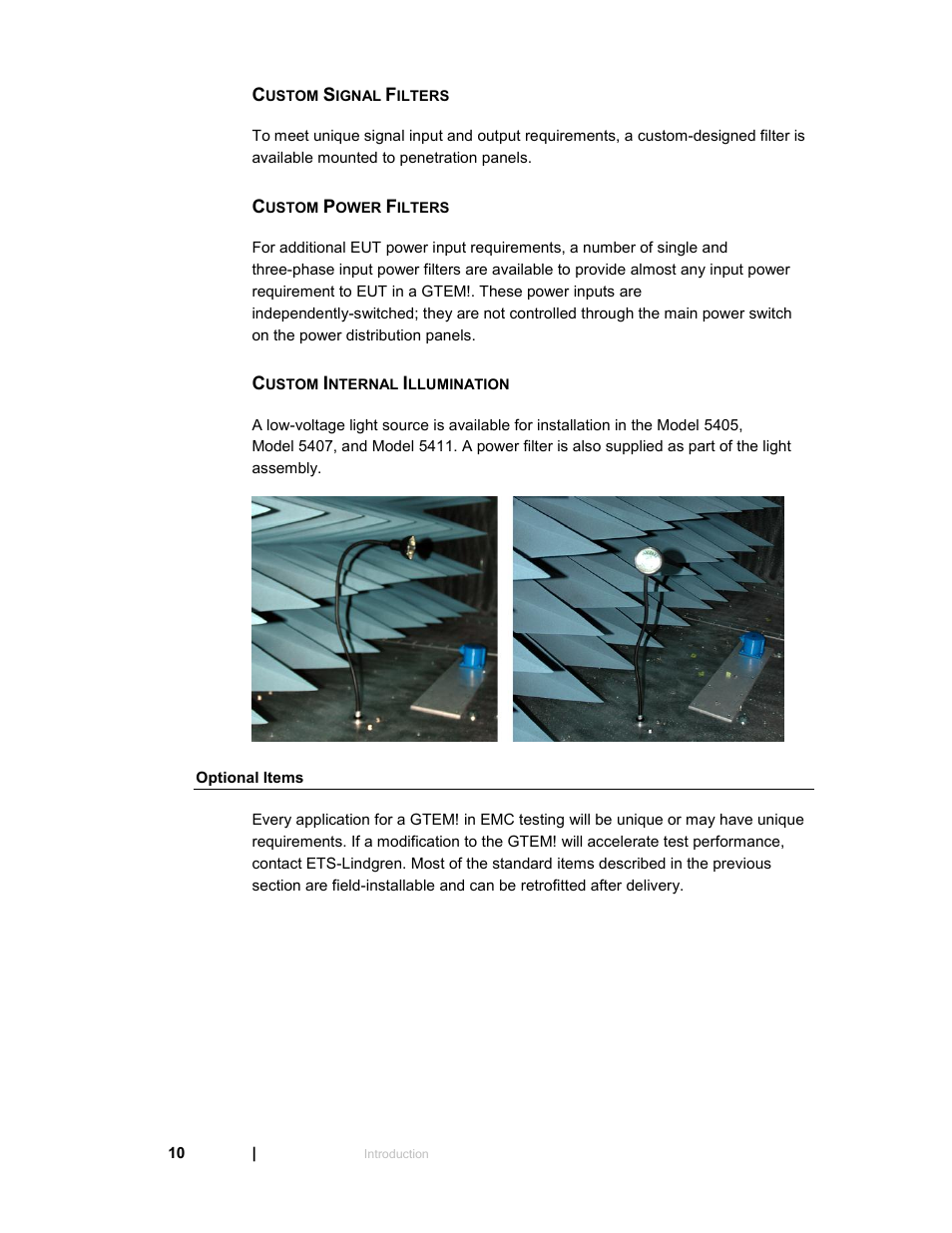 Custom signal filters, Custom power filters, Custom internal illumination | Optional items | ETS-Lindgren 5411 GTEM! Test Cell User Manual | Page 10 / 91
