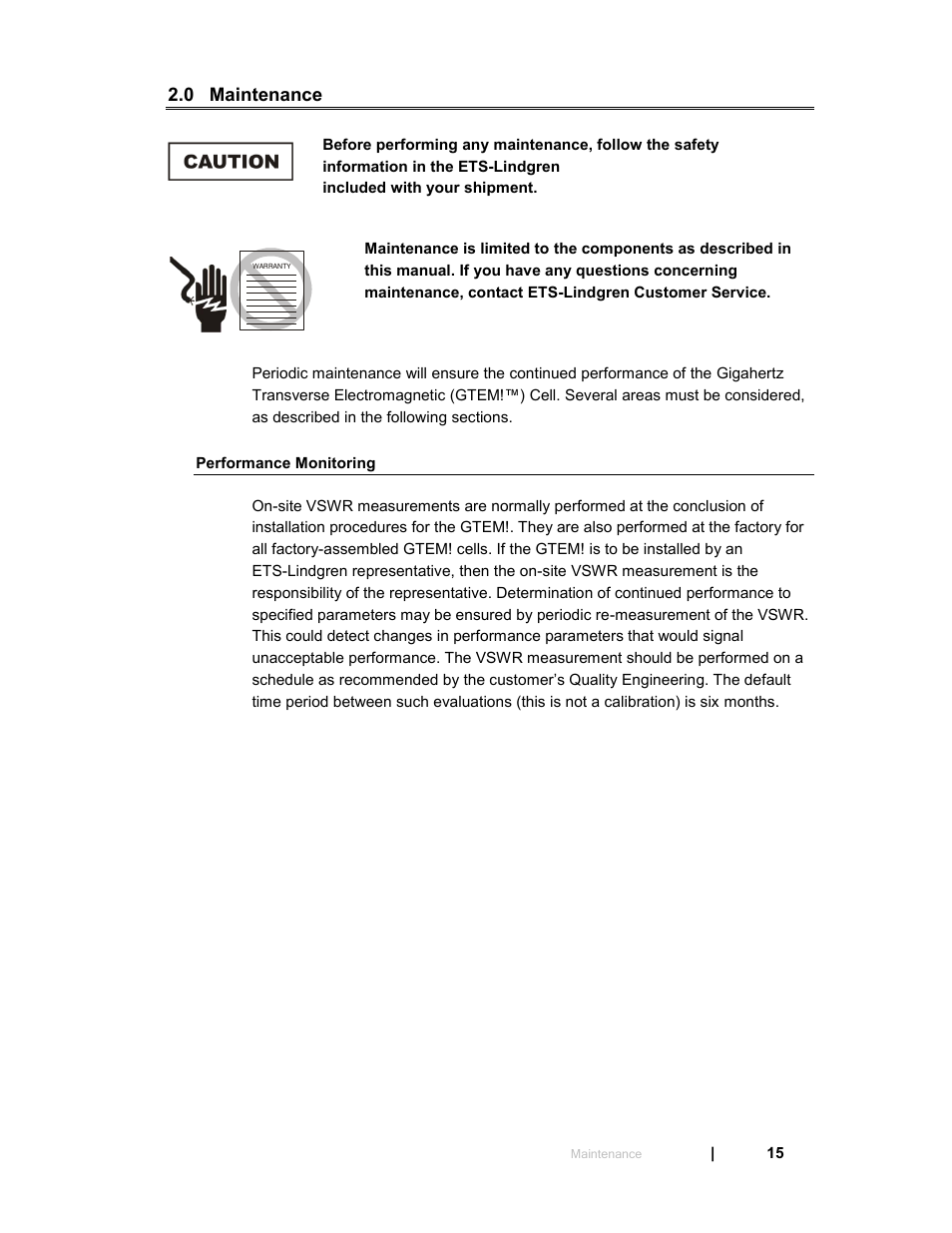0 maintenance, Performance monitoring | ETS-Lindgren 5411 GTEM! Test Cell User Manual | Page 15 / 91