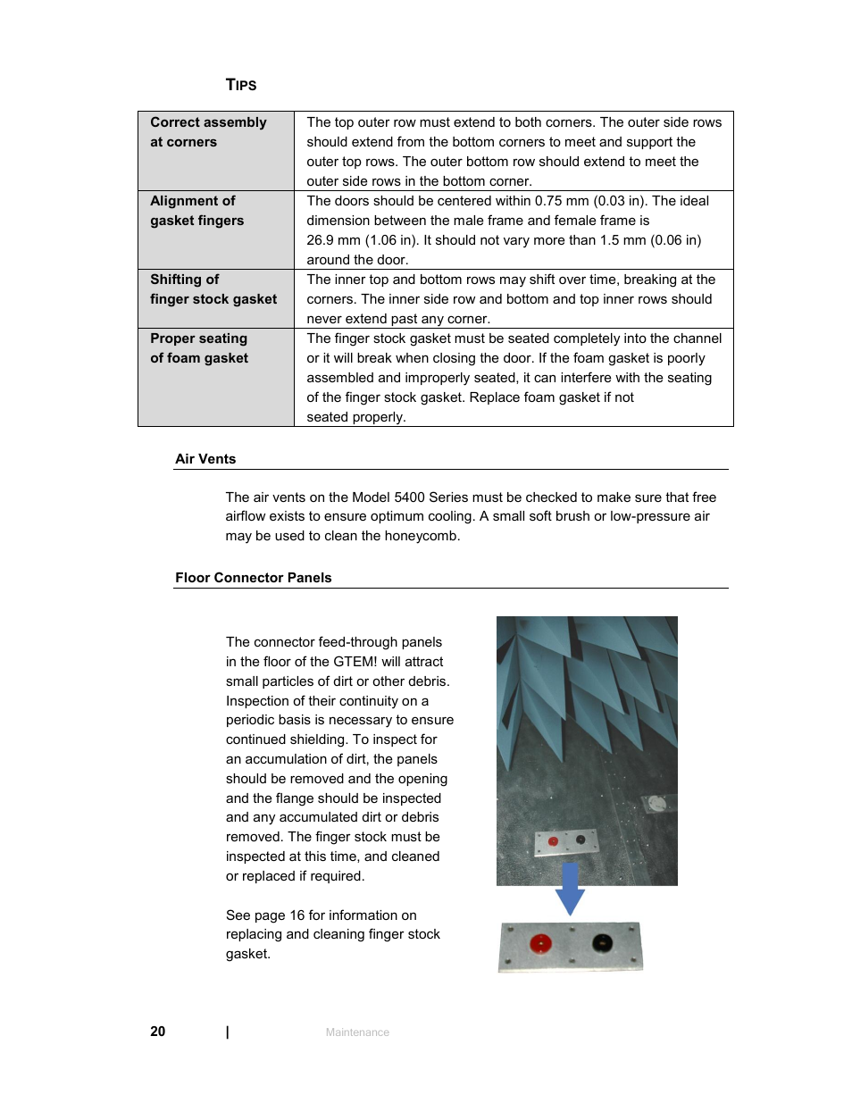 Tips, Air vents, Floor connector panels | ETS-Lindgren 5411 GTEM! Test Cell User Manual | Page 20 / 91