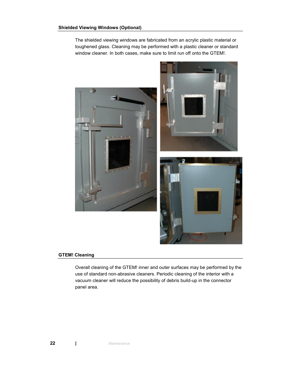 Shielded viewing windows (optional), Gtem! cleaning | ETS-Lindgren 5411 GTEM! Test Cell User Manual | Page 22 / 91