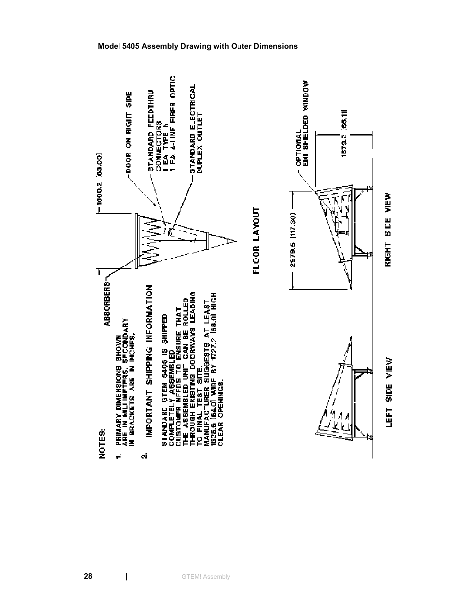 Model 5405 assembly drawing with outer dimensions | ETS-Lindgren 5411 GTEM! Test Cell User Manual | Page 28 / 91