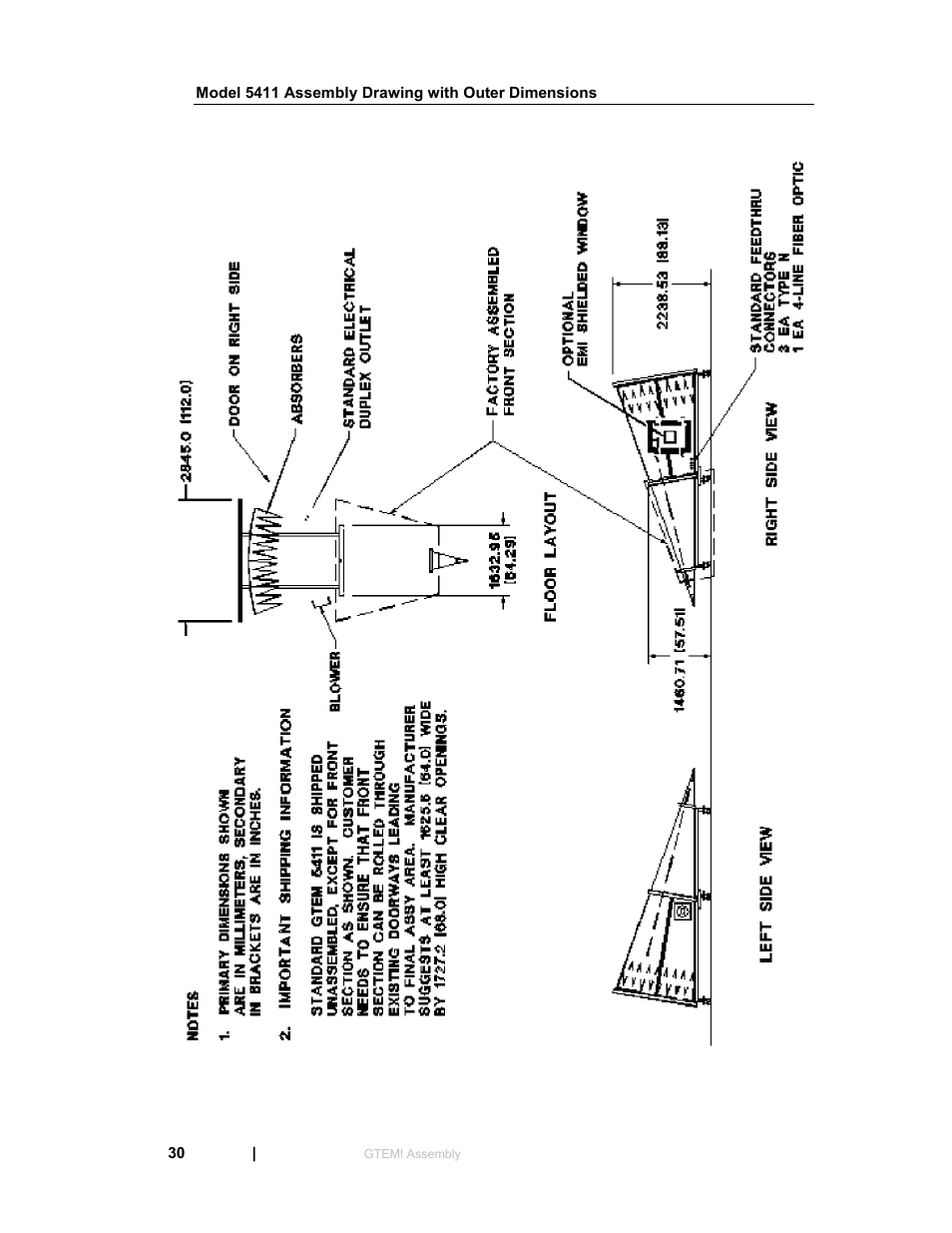 Model 5411 assembly drawing with outer dimensions | ETS-Lindgren 5411 GTEM! Test Cell User Manual | Page 30 / 91