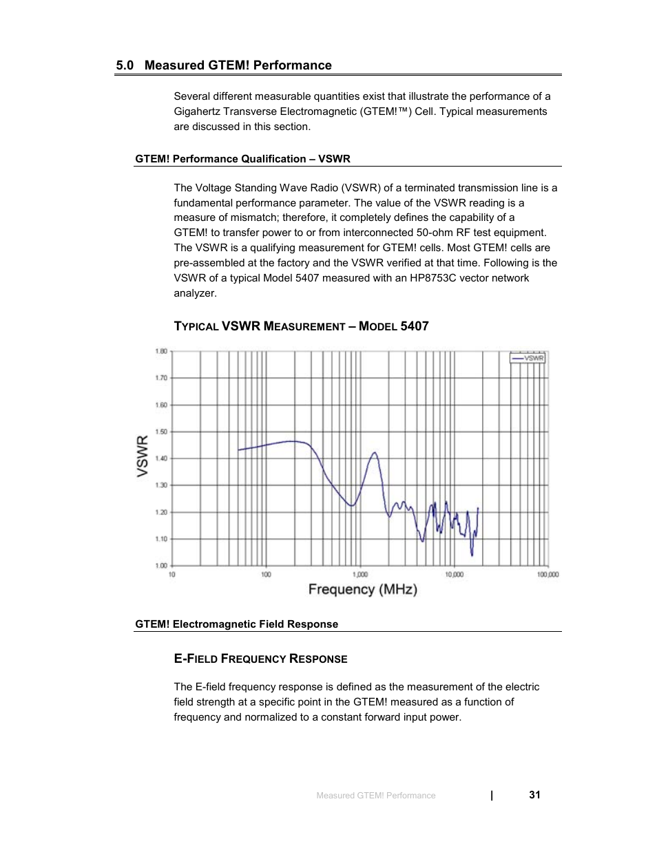 Measured gtem! performance, 0 measured gtem! performance, Gtem! performance qualification – vswr | Typical vswr measurement – model 5407, Gtem! electromagnetic field response, E-field frequency response | ETS-Lindgren 5411 GTEM! Test Cell User Manual | Page 31 / 91