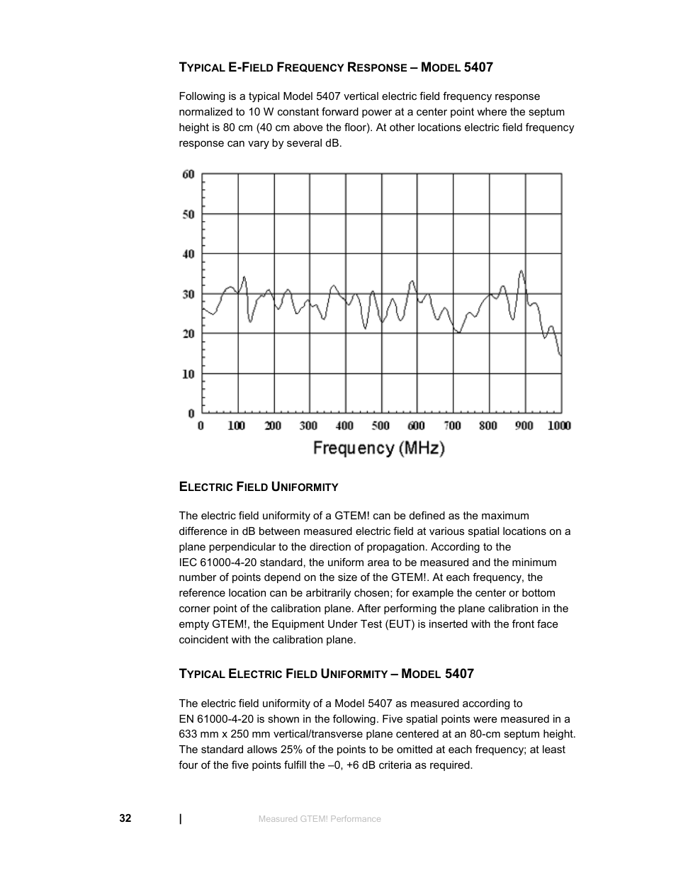 Typical e-field frequency response – model 5407, Electric field uniformity, Typical electric field uniformity – model 5407 | ETS-Lindgren 5411 GTEM! Test Cell User Manual | Page 32 / 91