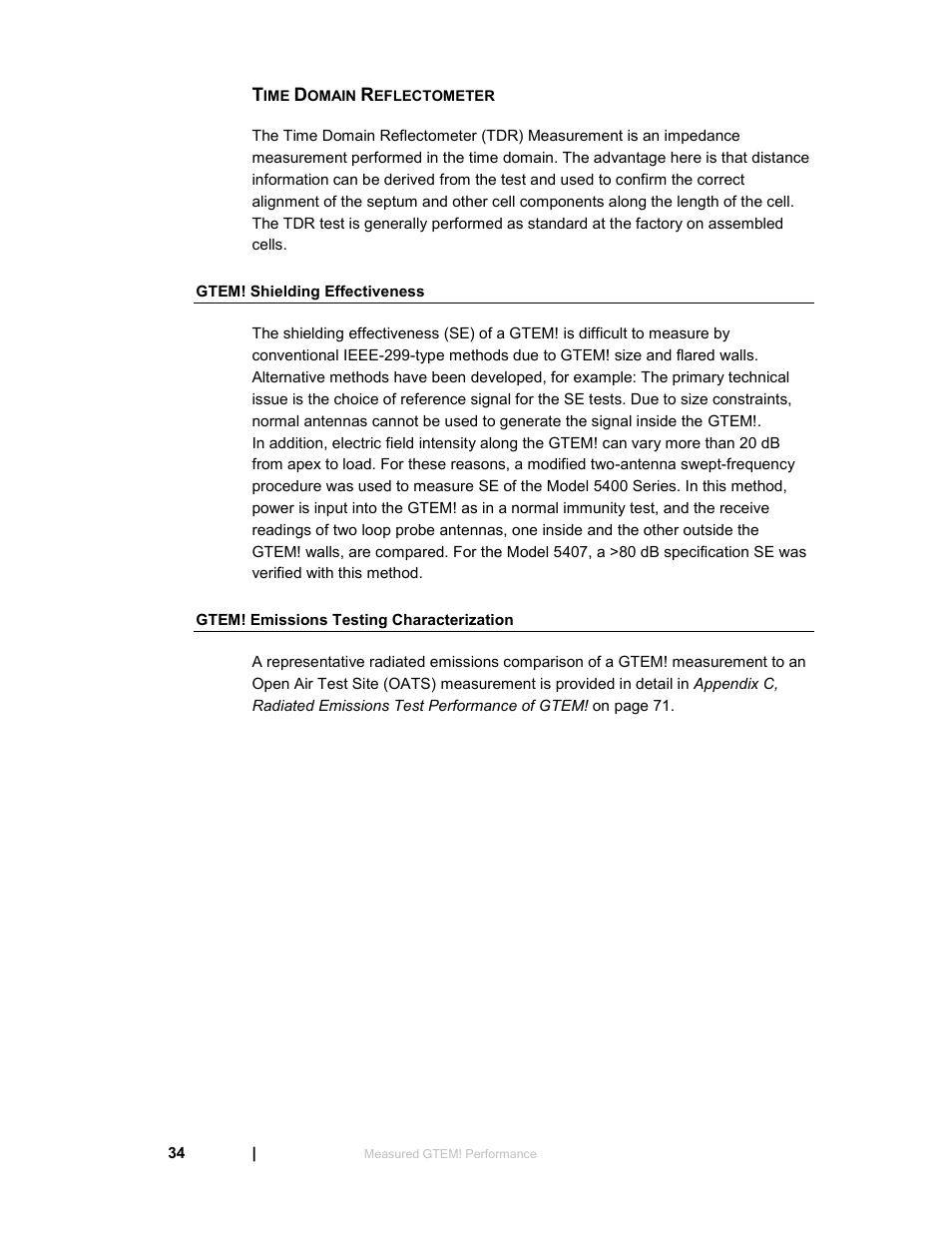 Time domain reflectometer, Gtem! shielding effectiveness, Gtem! emissions testing characterization | ETS-Lindgren 5411 GTEM! Test Cell User Manual | Page 34 / 91