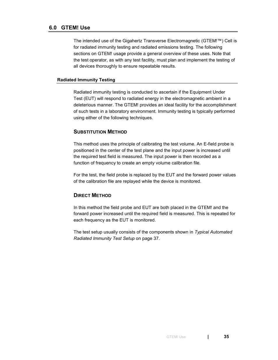 0 gtem! use, Radiated immunity testing, Substitution method | Direct method | ETS-Lindgren 5411 GTEM! Test Cell User Manual | Page 35 / 91