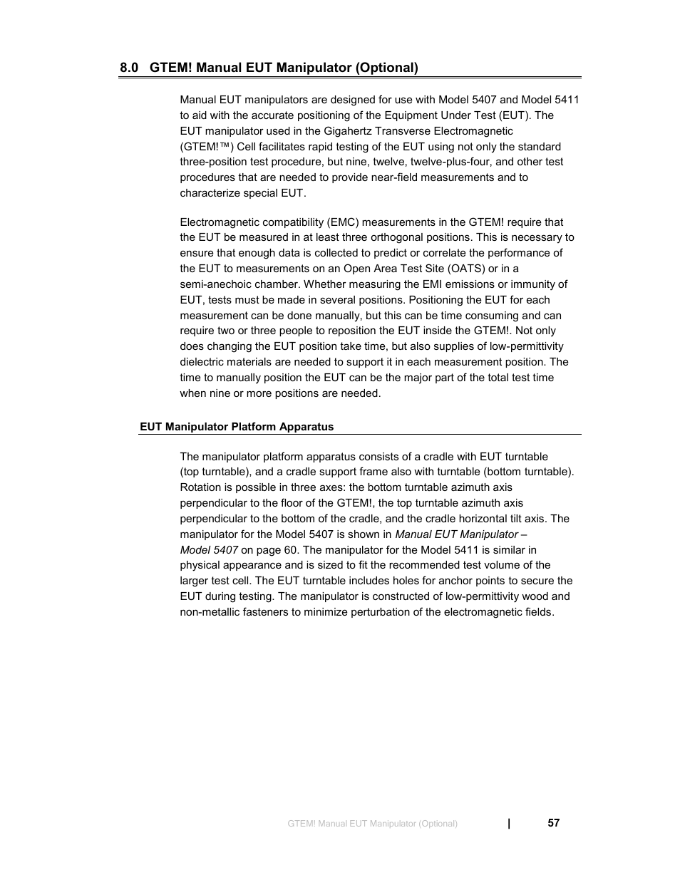0 gtem! manual eut manipulator (optional), Eut manipulator platform apparatus | ETS-Lindgren 5411 GTEM! Test Cell User Manual | Page 57 / 91