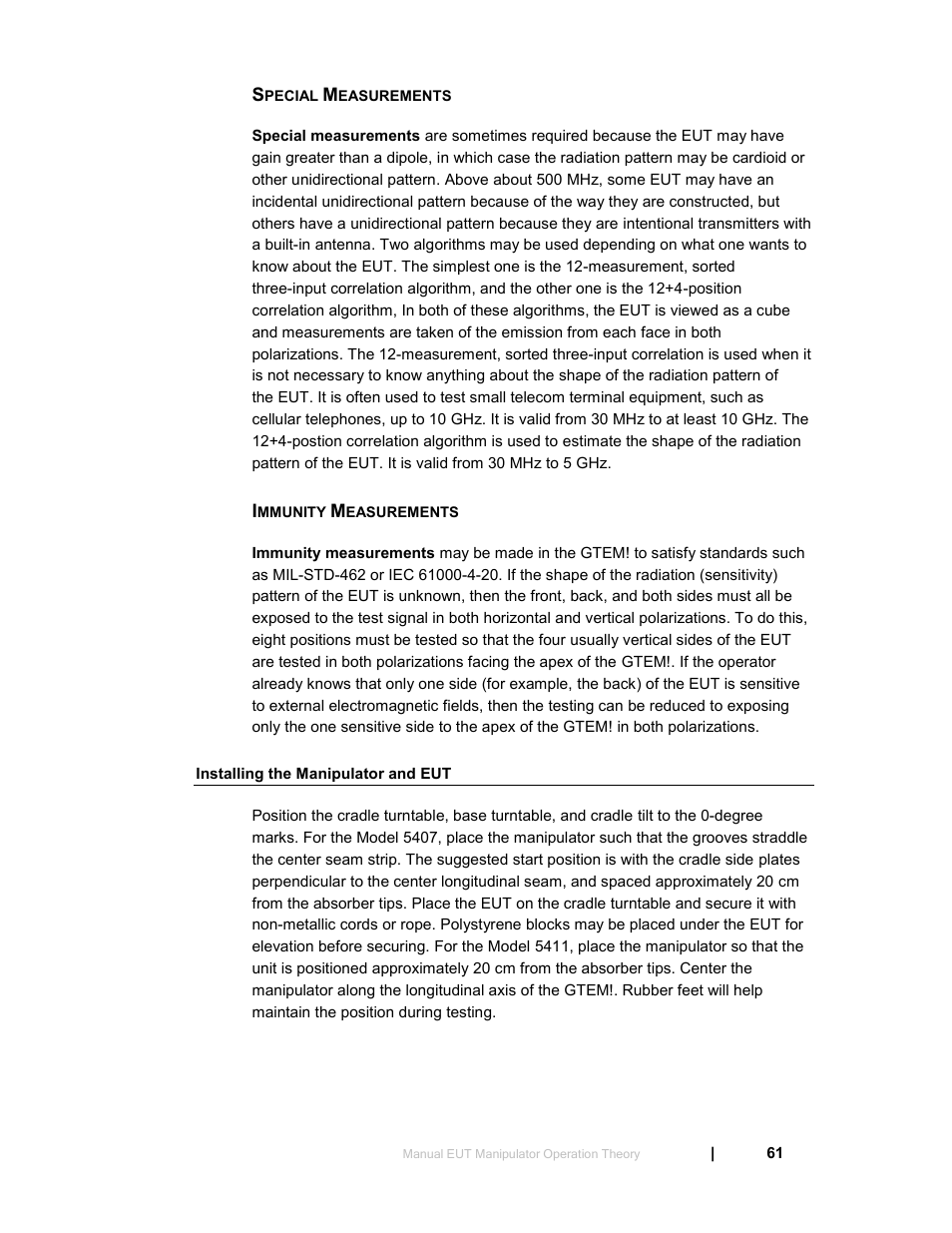 Special measurements, Immunity measurements, Installing the manipulator and eut | ETS-Lindgren 5411 GTEM! Test Cell User Manual | Page 61 / 91