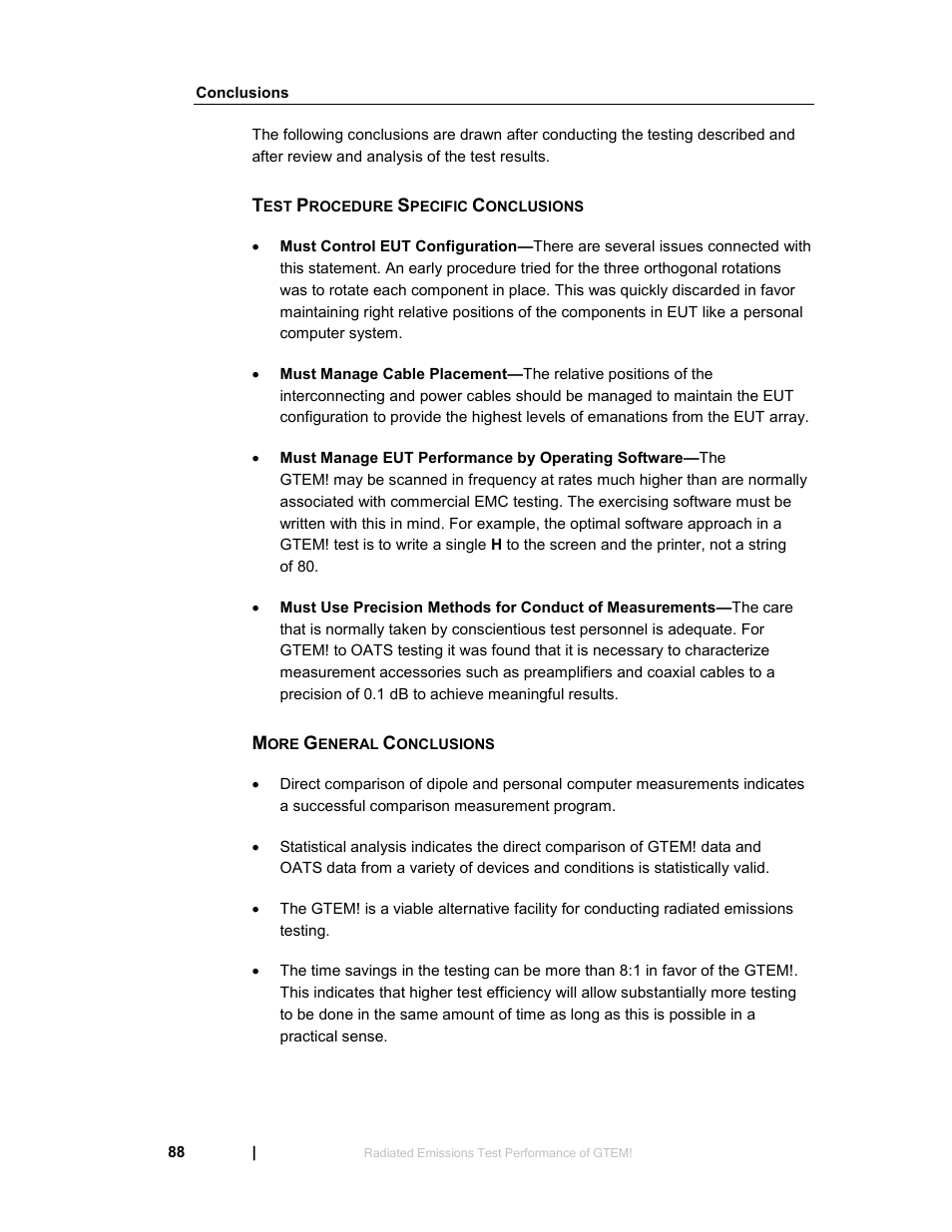 Conclusions, Test procedure specific conclusions, More general conclusions | ETS-Lindgren 5411 GTEM! Test Cell User Manual | Page 88 / 91