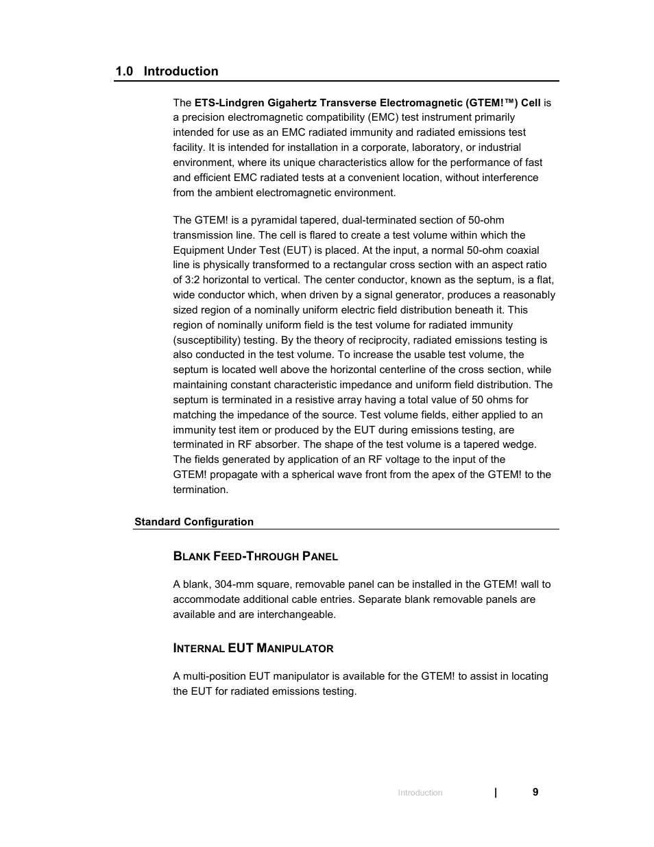 0 introduction, Standard configuration, Blank feed-through panel | Internal eut manipulator | ETS-Lindgren 5411 GTEM! Test Cell User Manual | Page 9 / 91