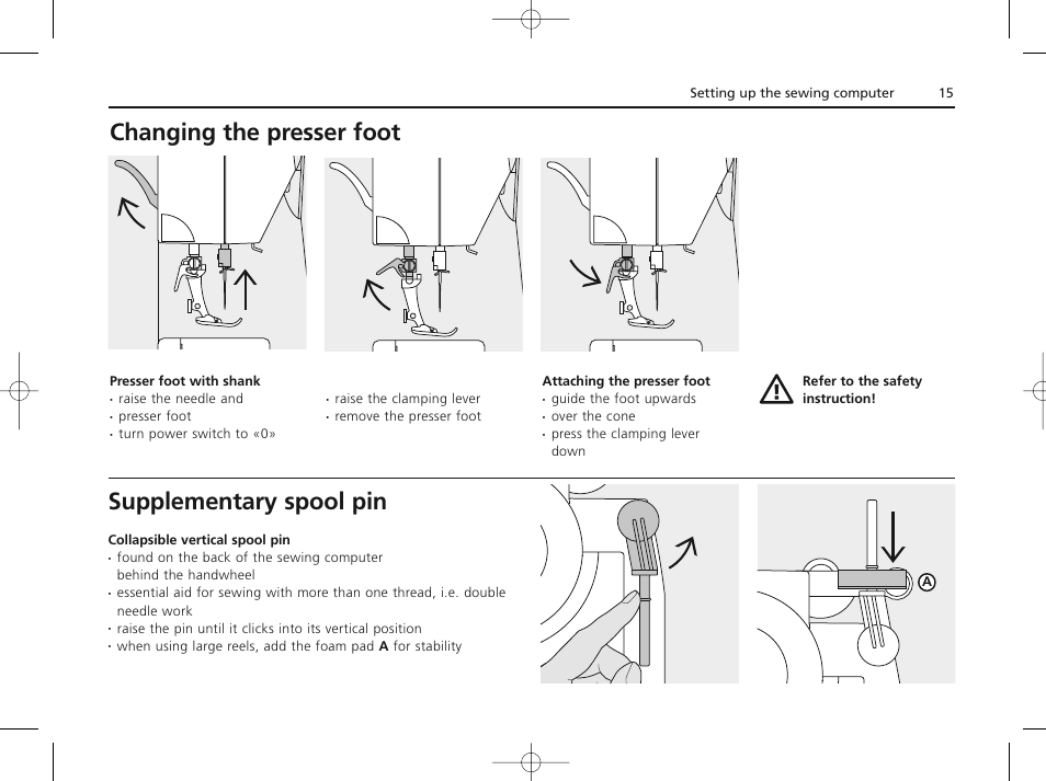 Changing the presser foot, Supplementary spool pin | Bernina ACTIVA 135 S User Manual | Page 16 / 73