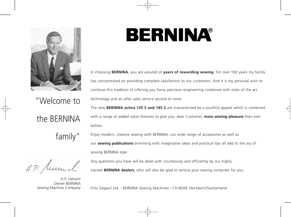 Welcome to the bernina family | Bernina ACTIVA 135 S User Manual | Page 2 / 73