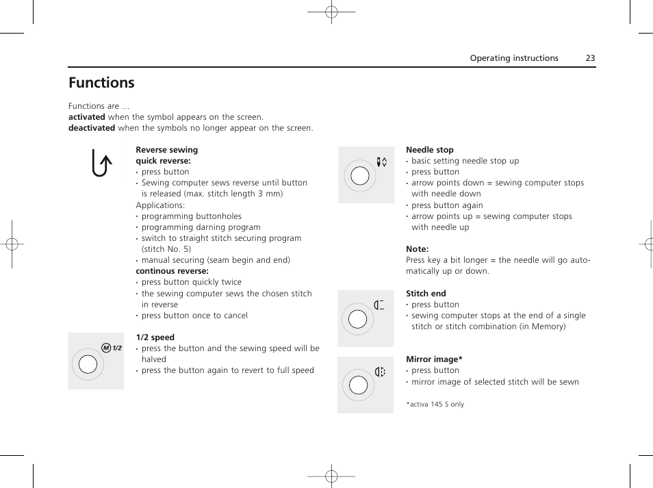 Functions | Bernina ACTIVA 135 S User Manual | Page 24 / 73