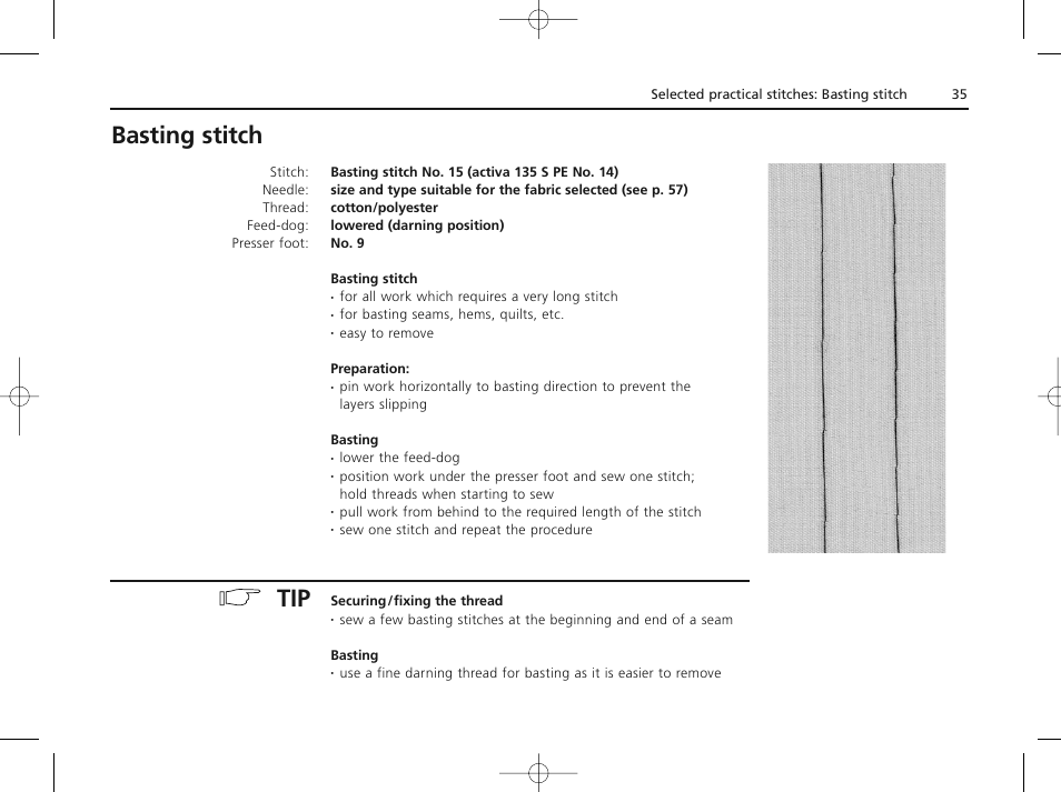 Basting stitch tip | Bernina ACTIVA 135 S User Manual | Page 36 / 73