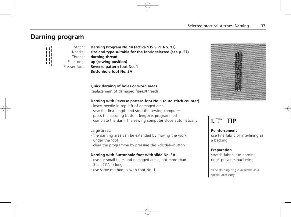 Darning program | Bernina ACTIVA 135 S User Manual | Page 38 / 73