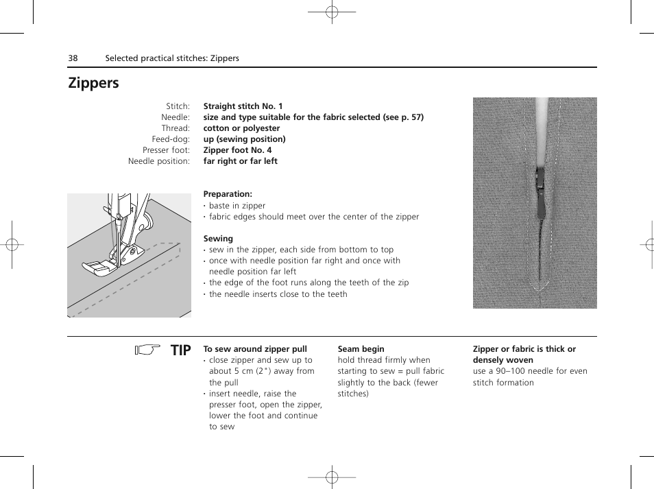 Zippers | Bernina ACTIVA 135 S User Manual | Page 39 / 73