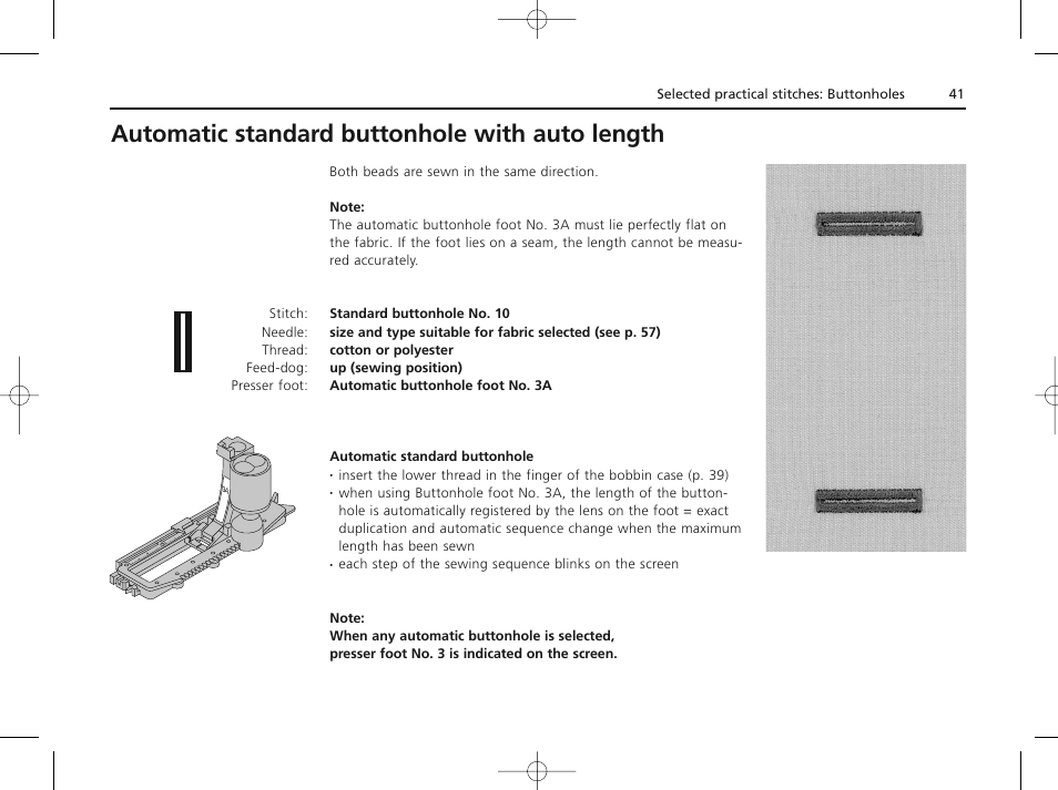Automatic standard buttonhole with auto length | Bernina ACTIVA 135 S User Manual | Page 42 / 73