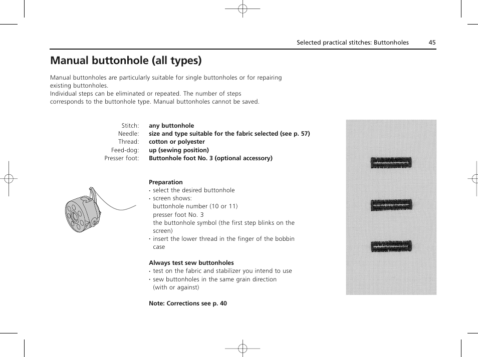 Manual buttonhole (all types) | Bernina ACTIVA 135 S User Manual | Page 46 / 73